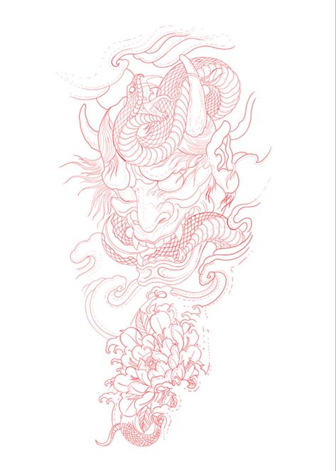 Oni Tattoo Stencil, Snaketattoo Tattoo Designs, Japanese Inspired Tattoos Sleeve, Japanese Tattoo Elements, Japanese Leg Sleeve Women, Feminine Japanese Tattoos, Japanese Fine Line Tattoo, Japanese Snake Tattoo Design, Arm Tattoo Snake