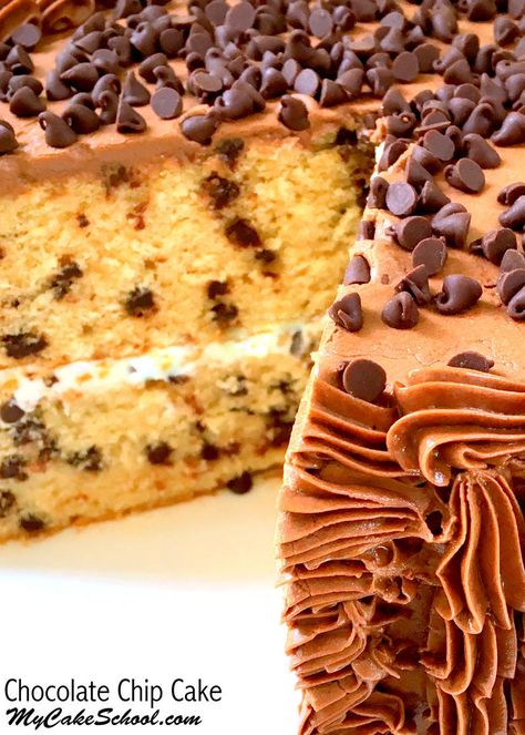 Moist and Delicious Chocolate Chip Cake Recipe by MyCakeSchool.com! My Cake School cake recipes, tutorials, and more! Moist Chocolate Chip Cake, Vanilla Chocolate Chip Cake, Easy Chocolate Chip Cake, Chocolate Chip Cake Recipe, Cake Recipes Uk, Recipes Tutorials, Homemade Chocolate Chips, School Cake, Chocolate Chip Cookie Cake