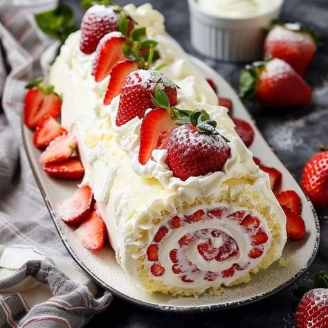 Jamie Oliver Food | Easy Strawberry Cake Roll | Facebook Strawberry Log Cake, Strawberry Gateau, Strawberry Cake Roll, Easy Strawberry Cake, Yule Logs, Strawberry Roll Cake, Bake Ideas, Strawberry Stuff, Strawberry Cake Easy