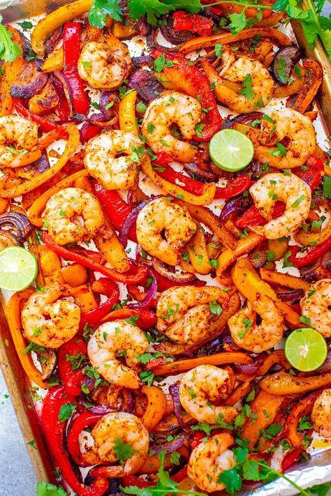 Quick & Easy Sheet Pan Shrimp Fajitas - Averie Cooks Sheet Pan Shrimp, Mexican Shrimp, Pan Shrimp, Shrimp Fajitas, Averie Cooks, Pan Chicken Fajitas, Juicy Shrimp, Easy Shrimp, Shrimp Cocktail