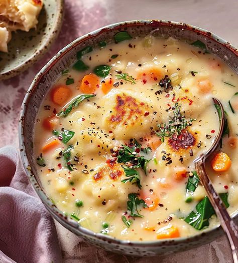 Creamy Vegetable Dumpling Soup Veggie And Dumpling Soup, Veggie Dumpling Soup, Healthy Dumpling Soup, Vegetable Stew With Dumplings, Vegetable Soup With Dumplings, Dumpling Soup Vegetarian, Soup Recipes With Dumplings, Fall Dumplings, Cress Soup