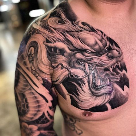 Dragon chest to full arm sleeve Chest Shoulder Tattoo Men, Chest Shoulder Tattoo, Lotus Tattoo Shoulder, Shoulder Tattoo Men, Shoulder Tattoo Designs, Dragon Tattoo Stencil, Dragon Tattoo Chest, Tiger Tattoo Sleeve, Dragon Tattoos For Men