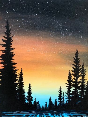 Book now for Paint Nite: Sunset Pine Silhouette with Michelle Smith on 08/20/2023 at 2680 East County Line Rd Highlands Ranch , CO. Earn 10 Loyalty Reward points for every ticket! Galaxy Tree Painting, Sunset Painting With Trees, Silhouette Tree Painting, Silhouette Art Landscape, Wilderness Painting Easy, Silhouette Landscape Painting, Half Sunset Half Night Painting, Beginner Paint Night Ideas, Black Silhouette Painting