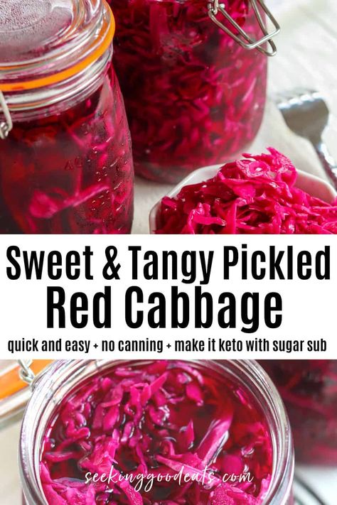 The perfect blend of tangy and sweet. This delicious pickled red cabbage is so easy to make! Easy Pickled Cabbage Recipe, Sweet Pickled Red Cabbage, How To Pickle Red Cabbage, Pickles Red Cabbage, Marinated Red Cabbage, Pickled Red Cabbage Canning, Canned Pickled Red Cabbage Recipe, Pickle Red Cabbage, Purple Cabbage Canning