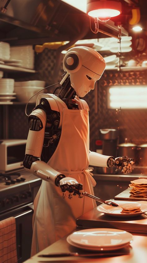 Robot Prepares Food: In a modern kitchen setting, an advanced robot chef meticulously prepares food with precision and care. #robot #kitchen #cooking #pancakes #technology #aiart #aiphoto #stockcake ⬇️ Download and 📝 Prompt 👉 https://stockcake.com/i/robot-prepares-food_335435_762766 Futuristic Food, Robot Chef, Cooking Robot, Cooking Pancakes, Create A Cookbook, Beach Architecture, I Robot, Dog Beach, Futuristic Technology