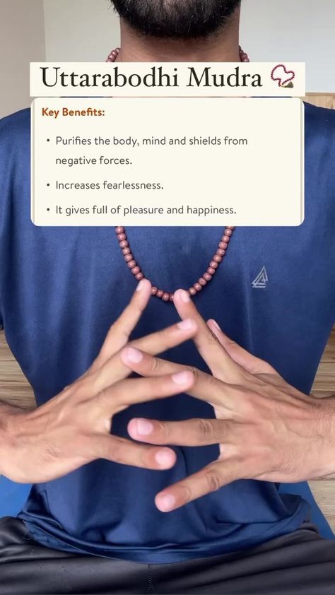 Gives Pleasure And Happiness ☺️ Uttarabodhi Mudra is often referred to as the Mudra of enlightenment 🌅. Just like the rising sun of enlightenment, this Mudra dispels fears and is also known as the gesture of perfection ✨.Here's how you can do it:1. Find a comfortable spot, either on a yoga mat or a chair, and you can even close your eyes 👁️.2. Interlock your hands, with your index fingers straight and touching each other, pointing upwards ☝️.3. Extend your thumbs to touch each other, pointing Uttarabodhi Mudra, Spiritual Manifestation, The Rising Sun, Rising Sun, Close Your Eyes, A Chair, Health And Nutrition, Yoga Mat, You Can Do