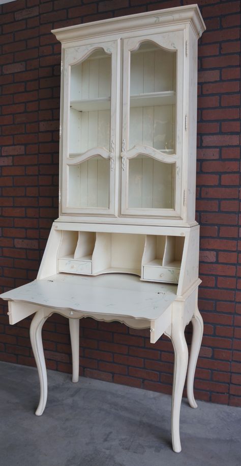 Distress Furniture, Ladies Writing Desk, Secretary Desk, Secretary Desks, Distressed Furniture, Country French, White Curtains, Deck Ideas, Yellow Accents