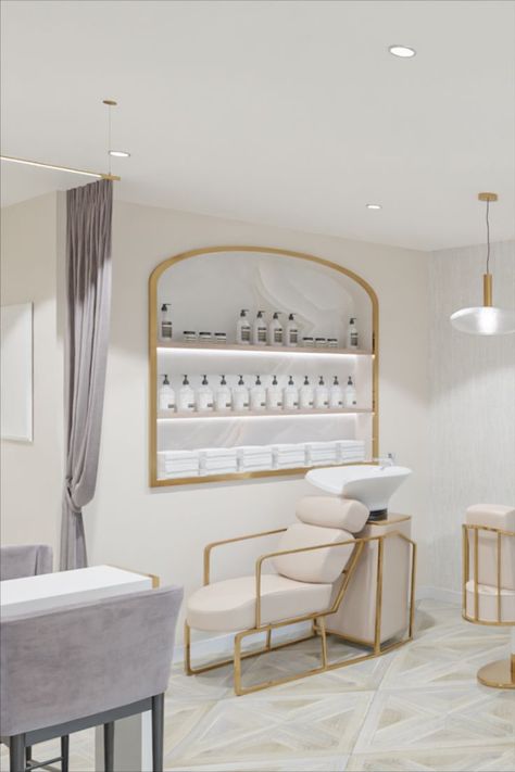 Salon Interior Design White And Gold, Gold Salon Ideas, Beauty Salon Decor Ideas Luxury, Salon Studio Decor Luxury, Hair Suite Decor Salon Ideas Luxury, Studio Hair Salon Ideas, White And Gold Salon, Gold Hair Salon Decor, Salon Wash Station