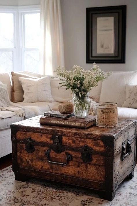 "Create a charming and practical piece with a DIY Vintage-Style Trunk Coffee Table! 🧳☕ Perfect for adding storage and a vintage touch to your decor. 🌟✨ #DIYFurniture #TrunkCoffeeTable #VintageHome" Living Room Decor Ideas Rustic, Room Decor Ideas Rustic, Vintage Trunk Coffee Table, Cozy Living Room Decor Ideas, Cozy Living Room Decor, Trunk Coffee Table, Vintage Trunk, Trunk Table, Farmhouse Living Room Decor Ideas