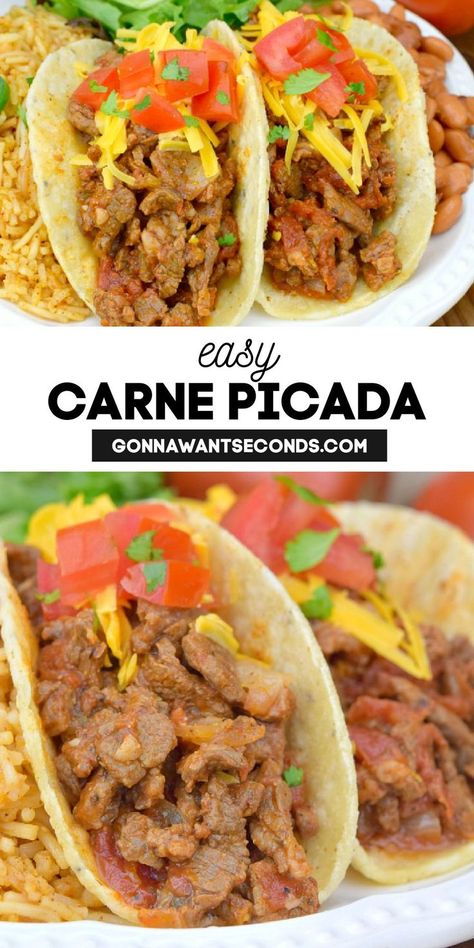 This contains: Carne Picada wrapped in tortillas Carne Picada Recipes Dinners, Carne Picada Recipes, Night Recipes, Taco Bar, Hispanic Food, Mexican Food Recipes Easy, Taco Night, Tacos Beef, Crockpot Meals