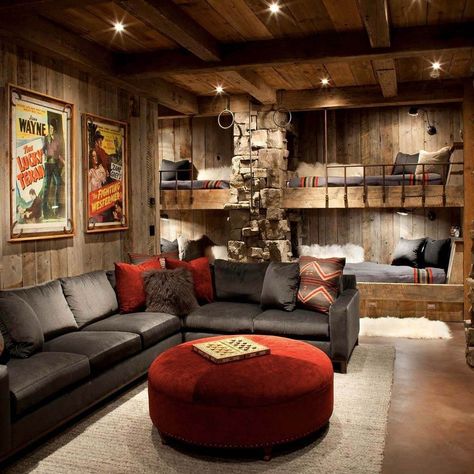 Log Cabin Interior Design, Cabin Interior Design, Modern Bunk Beds, Log Cabin Interior, Rustic Basement, Bunk Rooms, Bunk Bed Designs, Cabin Interiors, Bunk Room