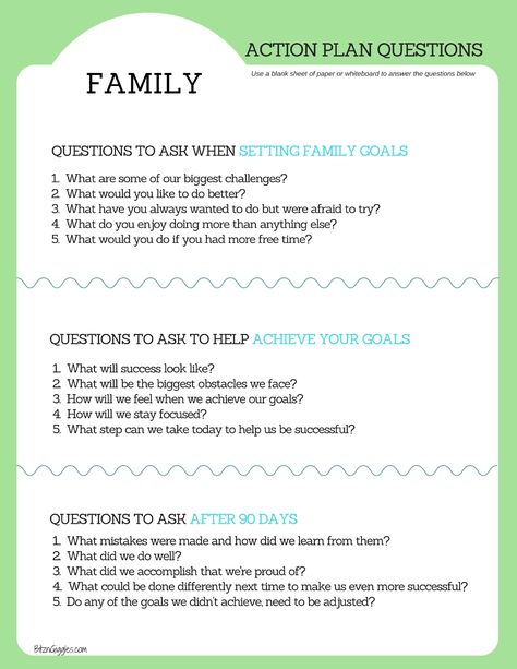 Family Goal Setting Printable - Free 90-day action plan printable to help your family set manageable goals you can work together to achieve. Family Goal Planning Free Printable, Family Yearly Planning, Family Meeting Questions, Setting Family Goals, How To Reset Your Family, Goal Setting For Families, Family Goal Setting Worksheet, Family Goal Planning, Family Meeting Template Free Printables