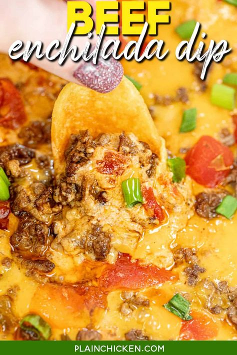 Enchilada Dip Recipe Crockpot, Easy Taco Dip With Ground Beef, Enchiladas Dip, Beef Enchilada Dip, Bacon Cheddar Dip, Enchilada Dip, Ground Beef Chili, Beef Enchilada, Green Chiles