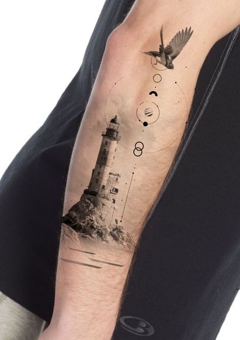 Pirate Sleeve, Lighthouse Tattoos, Eagle Head Tattoo, Kind Tattoo, Geometric Tattoo Sleeve Designs, Male Tattoos, Geometric Line Tattoo, Coordinates Tattoo, Wrist Tattoo Ideas