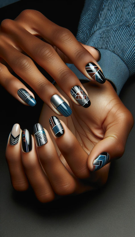 Dive into a world of contemporary design with this geometric-inspired manicure. Sharp lines intersect and overlap, creating patterns reminiscent of urban architecture. The combination of matte and metallic finishes adds depth and dimension, while the cool color palette of blues, silvers, and whites reflects the chic ambiance of city nightlife. Perfect for the fashion-forward individual who seeks to make a bold statement. 🔷🔳 #ModernGeometry #UrbanElegance Geometric Nails, City Nightlife, Creating Patterns, Gold Nail Designs, Geometric Nail Art, Cool Color Palette, Geometric Inspiration, Geometric Nail, Sparkle Nails