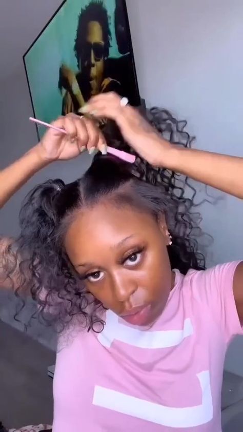 Cross Cross Quick Weave, Quick Cute Hairstyles With Weave, Quick Weave For Kids, Two Ponytails With Weave In The Back, 2 Curly Ponytails With Weave, Quick Hairstyles With Weave, Half Up Half Down Bob Hair Black Women, Easy Weave Hairstyles Black, Ponytail Quick Weave