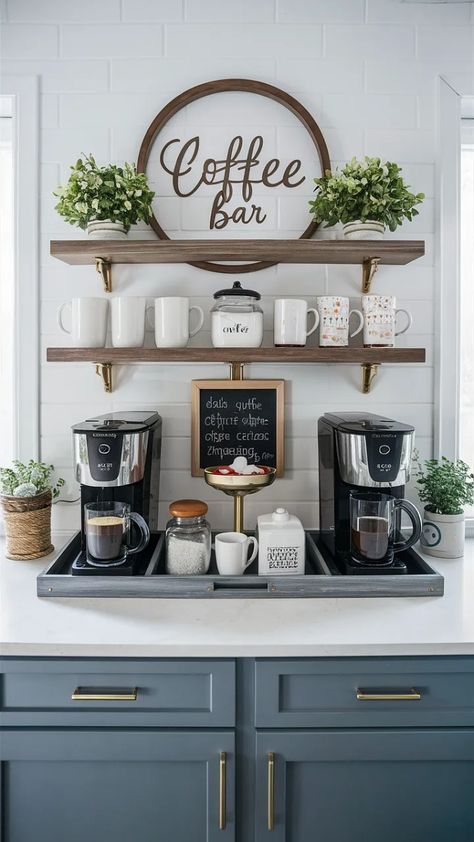 Separate Coffee Bar, Coffee Bar Ideas With Fridge, Kitchen Island With Coffee Bar, Small Coffee Bar Shelf Ideas, Coffee Microwave Bar, Boho Farmhouse Coffee Bar, Coffee Nook Shelf, Home Coffee And Tea Bar Ideas, Coffee Wet Bar Ideas