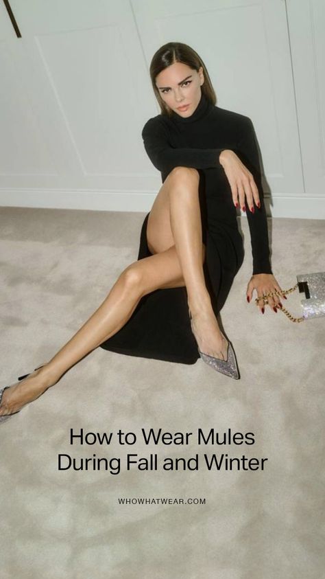 Mules In Winter Outfit, Style Mules Outfit, Winter Mules Outfit, Mule Pumps Outfit, How To Wear Mules In Winter, How To Style Mules Heels Outfits, Pointy Mules Outfit, Pointed Mules Outfit, Mules Outfit Winter