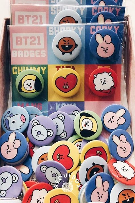 These BT21 Badges Are Almost as Cute as V's Morning Face K Pop Merch, Bt21 Merch, Korean Snacks, Merch Design, Unboxing Experience, Snack Box, New Theme, Subscription Box, Button Pins