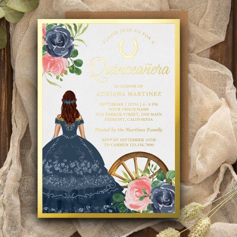 $ 3.95 | Navy Blue Floral Dress Charro Quinceanera Gold - quinceanera, shiny luxury glam girly chic, fifteen 15th birthday party, mis quince anos mexican latina, pretty garden nature bouquet, country western mariachi fiesta, rustic ranch cowboy cowgirl, modern elegant stylish fancy gown, horseshoe, botanical watercolor painted roses Rose Gold Invitations, Navy Blue Floral Dress, Gold Foil Invitation, Fancy Gowns, Blue Floral Dress, Foil Invitations, Quinceanera Invitations, Event Details, Botanical Watercolor