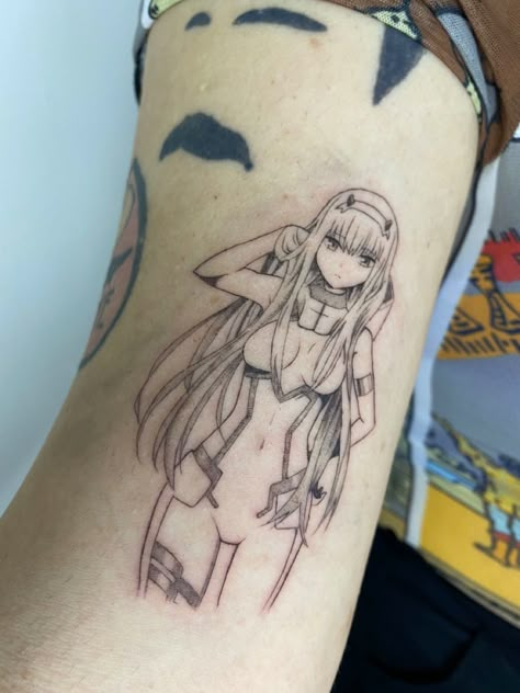 My first anime tattoo in fine line 💖💖💖 Anime Fine Line Tattoo, Zero Two Tattoo Ideas, Darling In The Franxx Tattoo, Tattoo Ideas Anime, Two Tattoo, Slayer Tattoo, Hippie Tattoo, Tattoo Anime, Vaporwave Wallpaper