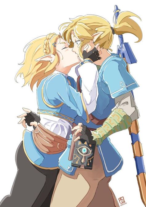 Link And Zelda Kiss, Blue Hair Anime Boy, Princesa Zelda, Big Kiss, Hyrule Warriors, Link Zelda, Cute Couple Drawings, Zelda Art, Legend Of Zelda Breath