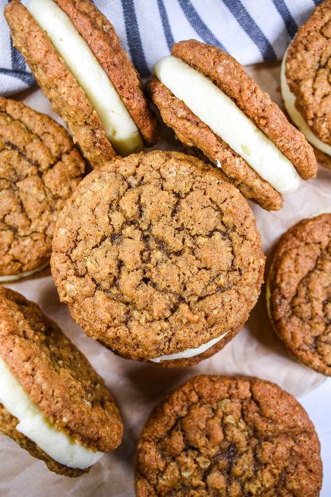 Homemade oatmeal cream pies! This easy oatmeal cream pies recipe features a pair of soft oatmeal cookies, with smooth, sweet creme sandwiched in the middle. A nostalgic homemade version of a childhood favorite. Crumbl Oatmeal Cream Pie, Homemade Oatmeal Cream Pies Healthy, How To Make Oatmeal Cream Pies, Oatmeal Sandwich Cookies Cream Pies, Oatmeal Crème Pies, Sourdough Oatmeal Cream Pie, Oatmeal Creme Pie Recipe, Healthy Oatmeal Cream Pies, Oatmeal Cream Pie Filling Recipe