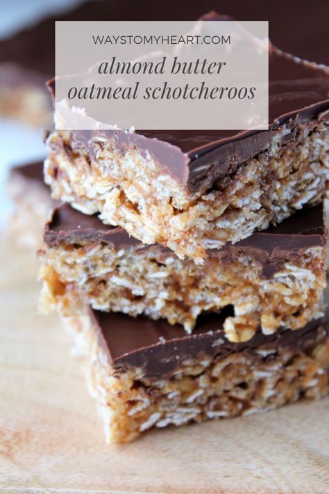 A twist on a classic Special K Bar or Scotcheroo, adding oatmeal for a chewy bar, and almond butter in place of peanut butter, so tasty! #treats #baking #bars #chocolate #almondbutter Oatmeal Scotcheroos, K Bars, Special K Bars, Baking Bars, Almond Butter Oatmeal, Scotcheroos Recipe, Rice Cereal Treats, I Heart Recipes, K Bar