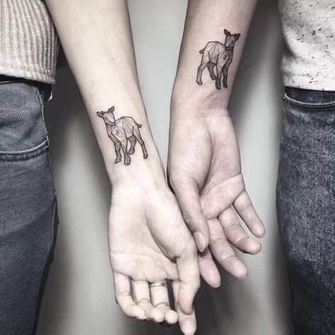 Matching goat tattoos Tattoo Animal Ideas, Tattoo Goat, Goat Tattoo, Lamb Tattoo, Simple Line Tattoo, Geometric Animal Tattoo, Animal Tattoos For Women, Cute Animal Tattoos, Cute Tattoos On Wrist