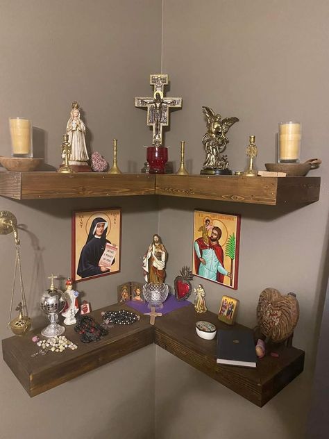 Small Altar Ideas Living Room, Memorial Altar Ideas, Virgen Mary Altar At Home, Corner Altar Ideas, Hanging Altar At Home, Memorial Altar Ideas Home, Wall Altar Ideas, Mini Altar Ideas, Altar Ideas Catholic