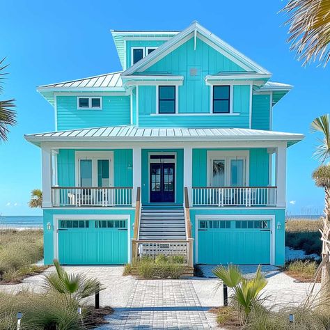 3+ Bright and Inviting Exterior Color Combinations with Turquoise and Alabaster White • 333+ Images • [ArtFacade] Aqua Blue House Exterior, Teal House Paint Exterior, Light Teal House Exterior, Beach House Colors Exterior, Carribean Decor, Coastal Exterior House Colors, Turquoise Beach House, Home Exterior Colors Combinations, Beach House Exterior Colors