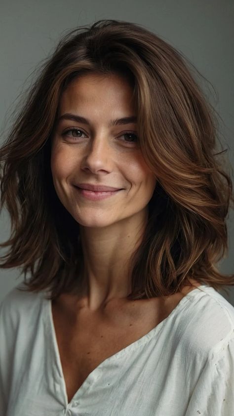 Wavy Lob Side Part, Thick Wavy Lob, Haircuts For Side Part For Women, Long Bob Haircuts Side Part, Low Maintenance Wavy Haircut, Medium Thick Haircut, Lob Haircut Side Part, Lob Thick Hair, Mom Haircut Low Maintenance