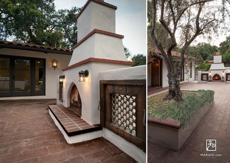 Spanish outdoor stucco fireplace with Terra cotta patio tiles.  Indian  Teak screen antiques.  Maraya Interior Design Backyard Chimney, Side Pergola, Terra Cotta Patio, Spanish Style Fireplace, Spanish Fireplace, Modern Adobe, Spanish Home Interior, Paved Driveway, Stucco Fireplace