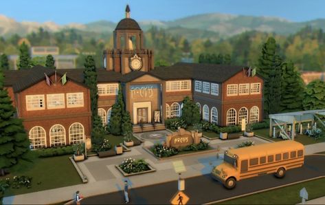 Small School Building Design, Sims 4 Highschool, Sims 4 College, Sims 4 High School, Sims Gallery, Sims4 Houses, High School Building, Sims Lots, School Building Design