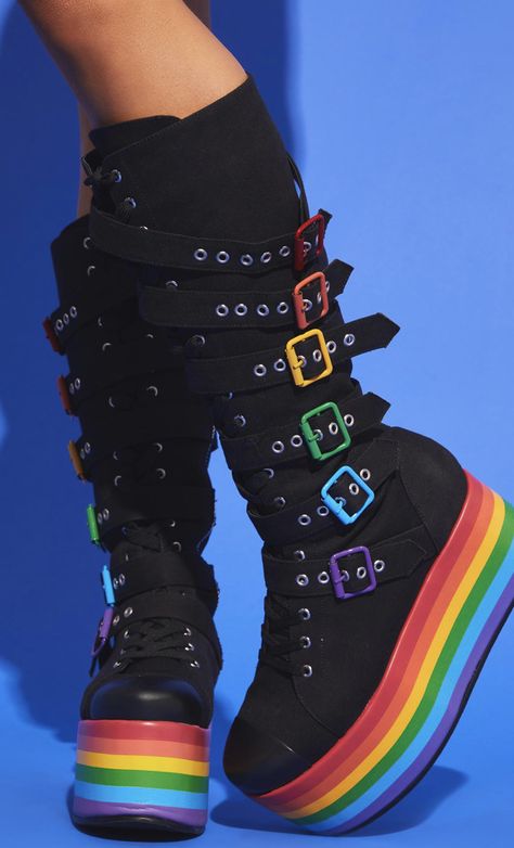 Goth Platform Boots, Hi Top Sneakers, Goth Shoes, Rainbow Outfit, Scene Kids, Pride Outfit, Swag Shoes, Rave Wear, Hi Top