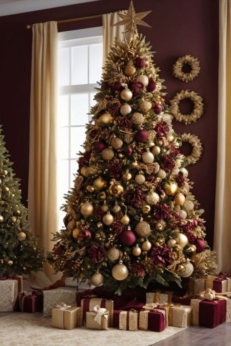 Burgundy Black And Gold Christmas Tree, Rose Gold And Maroon Christmas Tree, Silver Gold Burgundy Christmas Tree, Gold And Burgandy Christmas Tree, Christmas Tree Color Ideas Gold, Burgundy And Beige Christmas Tree, Brown And Burgandy Christmas Tree, Christmas Tree Color Schemes Gold, Cranberry And Gold Christmas Tree