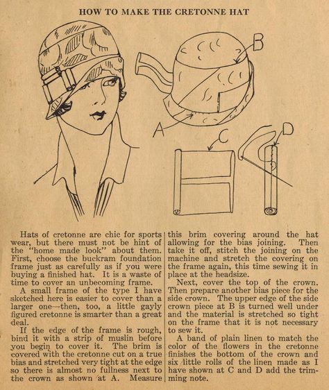 Are you ready to sew cloche for "sports wear"? If so, then read on, for Ruth Wyeth Spears shows you how with a buckram frame, some cretonne ... Fleece Hat Pattern, Cloche Hat Pattern, 1920s Hats, Pola Topi, Hat Sewing, Sewing Hats, Patron Vintage, Fleece Hats, Hat Patterns Free