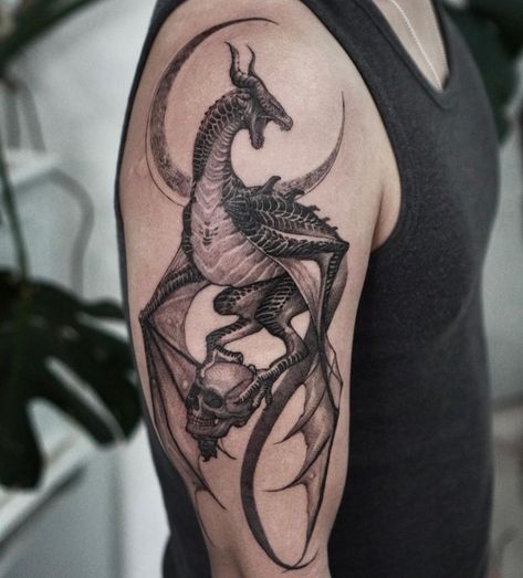 Dragon Tattoo For Man Arm, Dragon Tattoo Detailed, Masculine Dragon Tattoo, Dragon Tattoo Men Leg, Medieval Dragon Tattoo For Women, Dragon Tattoos For Men Shoulder, Scary Dragon Tattoo, Skeleton Dragon Tattoo, Dark Dragon Tattoo