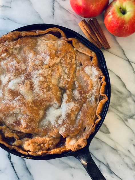 Triple Layer Skillet Apple Pie - AllisonProper Cast Iron Skillet Apple Pie Recipe, Skillet Apple Pie Recipe, Apple Rhubarb Pie, Swedish Apple Pie, Skillet Apple Pie, Rhubarb Recipes Pie, Apple Pie Recipe, Apple Cobbler, Rhubarb Pie