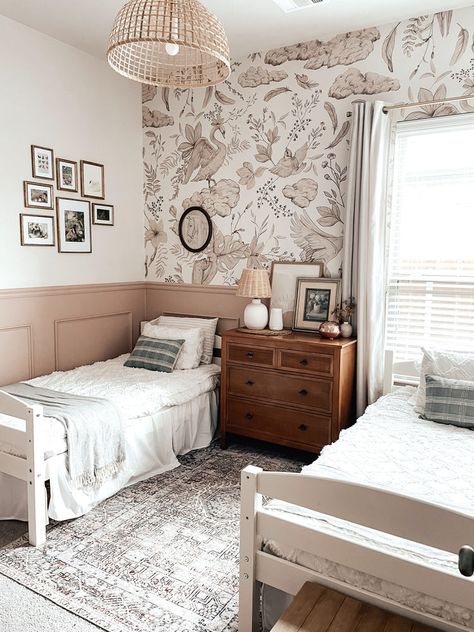 Twin Shared Room, Twin Bed And Full Bed Shared Room, Boho Shared Girls Room, Two Twin Beds Girls Room, Twin And Crib Shared Room, Sister Shared Bedroom Ideas Small Rooms, Small Bedroom For 2 Sisters, Shared Teen Girls Room, Shared Girls Room Ideas