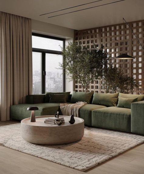 Olivier En Pot, Green Sofa Living Room, 3d Living Room, White Living Room Decor, Green Apartment, Grand Hall, Designer Living, Dining Room Combo, Living Kitchen