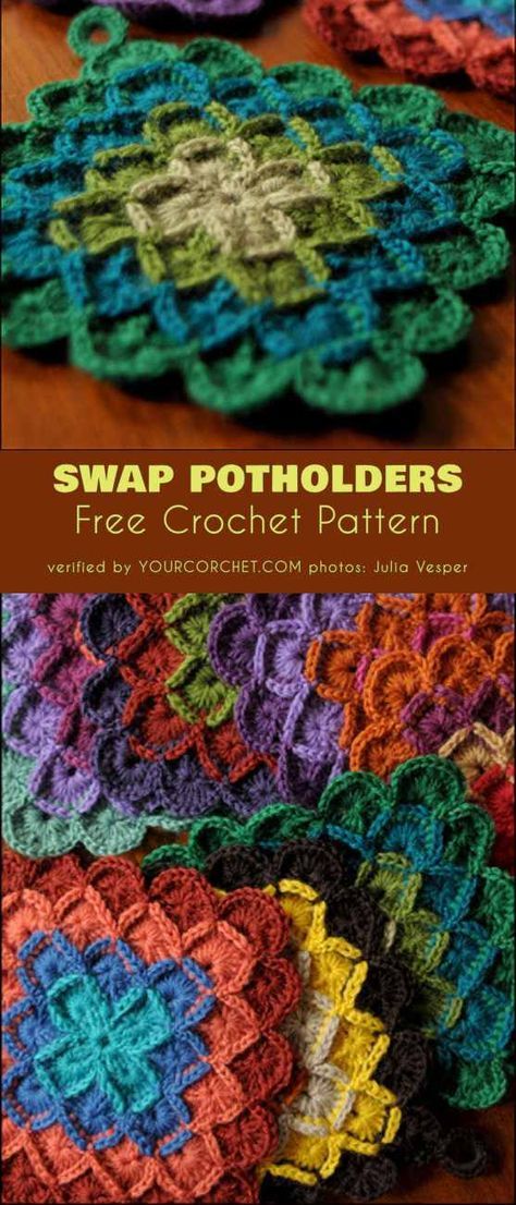 Swap Potholders Free Crochet Pattern #freecrochetpatterns #crochetpotholder Potholders Crochet, Wine Cozy, Crocheted Potholders, Granny Square Häkelanleitung, Yarn Cakes, Crochet Pot Holders Free Pattern, Crochet Valentine, Granny Stripe, Crochet Potholder Patterns