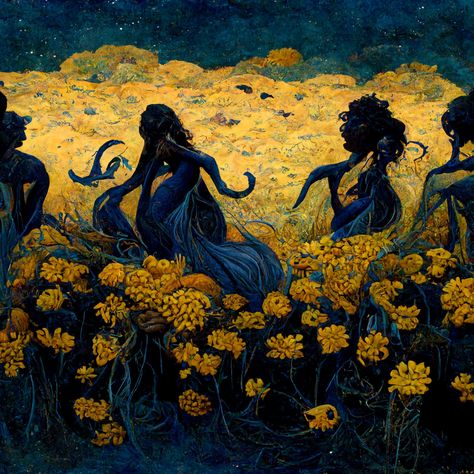 a field of yellow and brown flowers in a dark blue landscape with black skin mermaids wearing golden jewelry Dark Skinned Mermaid, Dark Blue Yellow Aesthetic, Dark Blue And Yellow Aesthetic, Dark Blue Landscape, Black Mermaid Aesthetic, Mermaid Yellow, Golden Mermaid, Blue Landscape, Palette Design