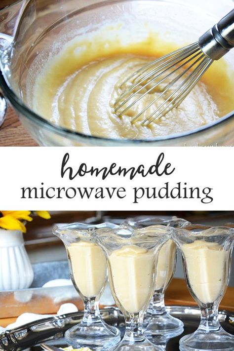 Homemade Pudding | This old-fashioned homemade pudding recipe uses fresh ingredients like eggs, milk, flour, & sugar and can be made in the microwave! A few additions can quickly make it chocolate, butterscotch, or vanilla! It's quick and delicious. #recipes #recipeseasy #microwaverecipes Homemade Vanilla Pudding Easy, Microwave Pudding Recipe, Microwave Vanilla Pudding, Microwave Desert, Microwave Custard, Milk Dessert Recipes, Microwave Pudding, Home Made Pudding, Vanilla Pudding Recipe