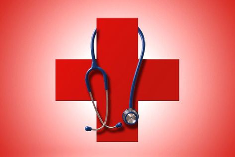 Red cross as a symbol of medical health. With hanging stethoscope and reflex. Frontal view Medical Cross, Medical Sign, Medical Health, Birthday Frames, A Symbol, Tattoos Ideas, Red Cross, Ambulance, Red Color