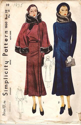 Coat Sewing, Patron Vintage, Coat Pattern Sewing, Fashion Illustration Vintage, Fur Coat Vintage, 30s Fashion, Vintage Dress Patterns, 1930s Fashion, Vintage Fur