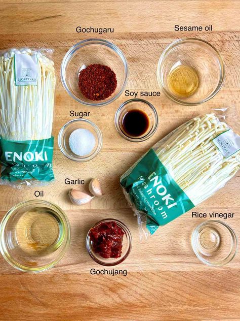 Spicy Enoki Mushrooms Enoki Mushroom Recipe Korean, Korean Mushrooms, How To Cook Enoki Mushrooms, Mushroom Enoki, Spicy Enoki Mushroom Recipe, Vegan Enoki Mushroom, Spicy Enoki Mushrooms Korean, Spicy Enoki Mushrooms, Enoki Mushroom Recipe