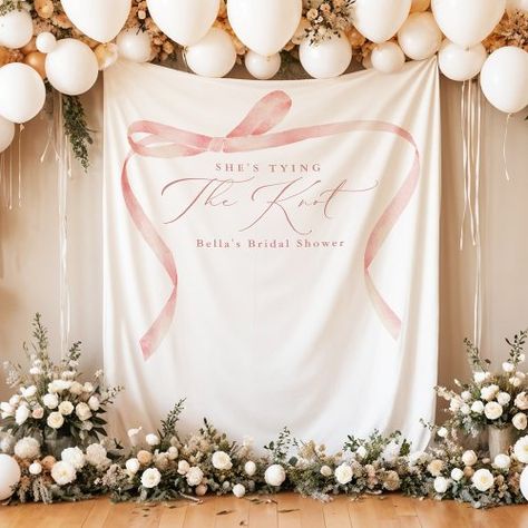 $61.40 | BELLA Blush Bow She's Tying the Knot Bridal Shower | Bridal Shower Tapestries | coquette, blush bow, ribbon bow, pink bow, she's tying the knot, tying the knot bridal shower, blush bridal shower, bridal breakfast, feminine bridal shower, bridal brunch Bridal Shower Bows, Pink Bow Decor, She’s Tying The Knot Bridal Shower Theme, Bow Themed Party, Bridal Breakfast, Coquette Ribbon, Bow Garland, Blush Bridal Showers, Bella Bridal