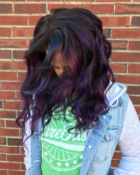 Blue And Purple Hair Highlights, Blue Tinted Hair, Blue Purple Pink Hair, Pink Purple Blue Hair, Blue Peekaboo Highlights, Purple Peekaboo Highlights, Purple Peekaboo Hair, Purple Pink Hair, Blue And Pink Hair