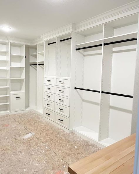 Walk In Closet 10x10, Diy Closet With Vanity, Walk In Closet With Dresser Inside, Master Closet With Dresser Inside, Coastal Closet, Master Closet Remodel, Husband And Wife Walk In Closet, Walk In Closet Center Island, White Walk In Closet With Vanity